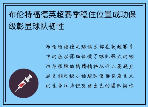 布伦特福德英超赛季稳住位置成功保级彰显球队韧性 布伦特福德英超赛季稳住位置成功保级彰显球队韧性